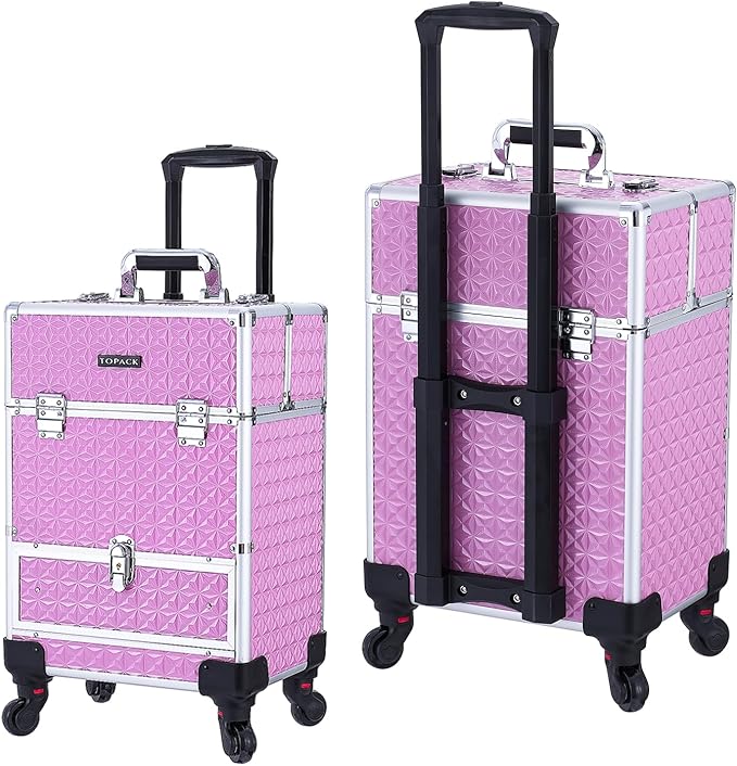 TOPACK Rolling Makeup Train Case,Professional Cosmetology Case on Wheels,Large Cosmetic Organizer Trolley Case,Makeup Travel Case with Draws,Nail Artist Hairstylist Storage Traveling Cart Trunk,Pink