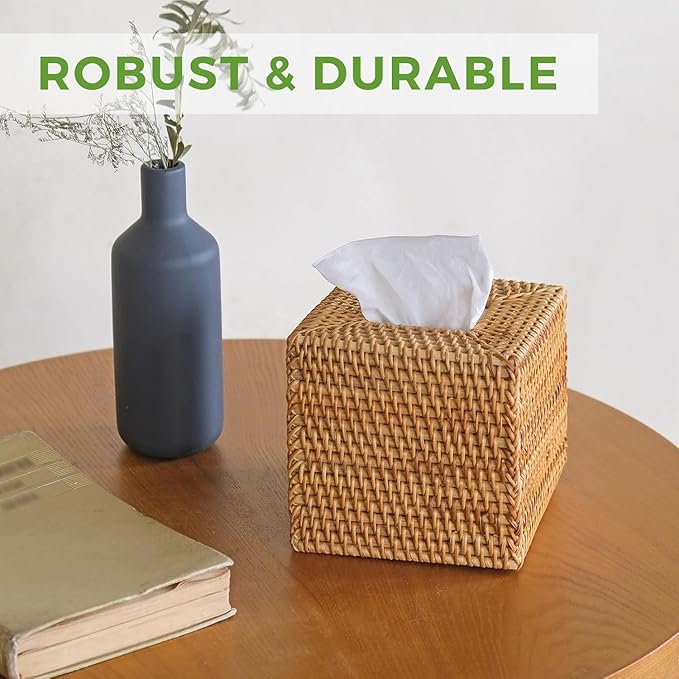 2 Pack Natural Rattan Tissue Box Cover, Hand Woven Square Wicker Holder for Facial Tissues, Wicker Napkin Holder Ideal for Bathroom Living Room, Tissue Holders Decorative for Kitchen Office and Desk