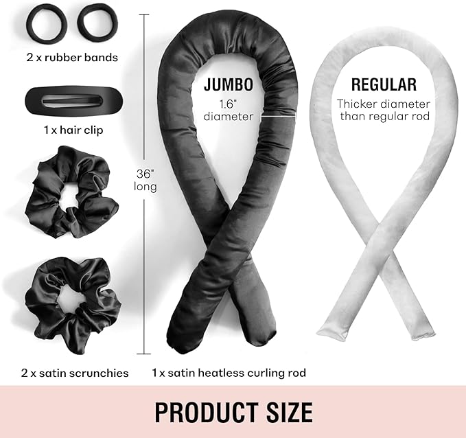 Jumbo Heatless Hair Curler Set-Satin Heatless Curls Overnight, Jumbo Curling Rod Headband, No Heat Curlers To Sleep in (Black)