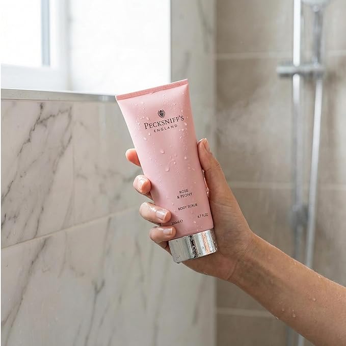 Pecksniff’s Rose and Peony Body Scrub 200ml, Gentle Exfoliating Body Polish with Floral Scent, Creamy Sugar Scrub for Smooth Soft Skin, Shower Exfoliator for Dry Dull Skin, UK Bath and Body