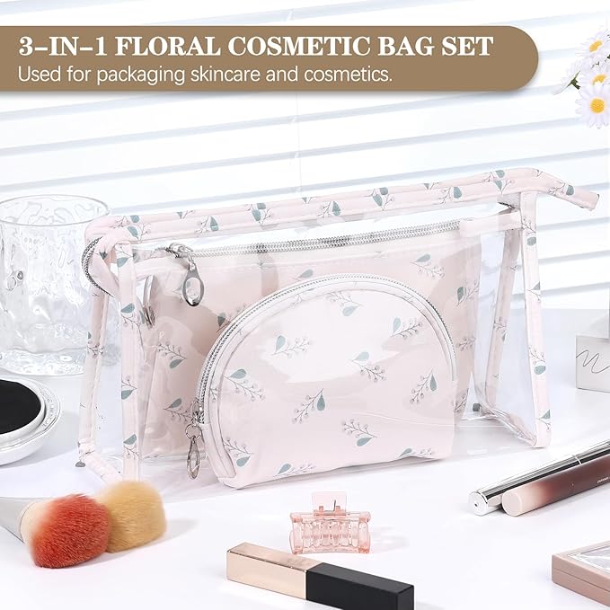 Richeart Makeup Bag, Clear Bag with Zipper, 3PC Floral Flowers Makeup Pouch, Waterproof Small Pouch, Portable Travel Toiletry Bag, E