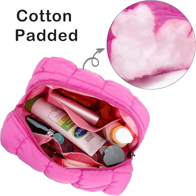 E-Tree Cute Makeup Bag,Quilted Cosmetic Bag,Make up Pouch for Purse,Toiletry Zipper Pouch,Checkered Bag,Travel Case,Storage Pouches for Organization (Hot Pink)