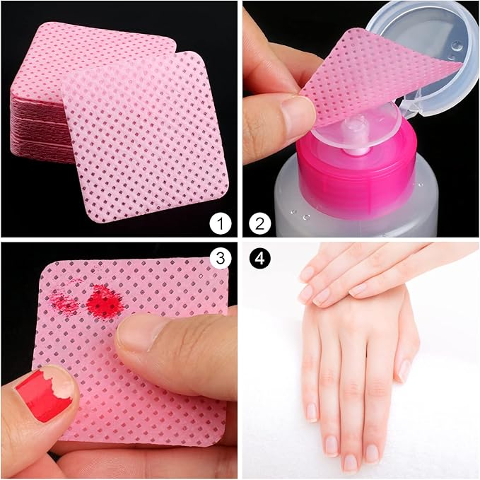 400 Pieces Nail Cotton Pads,1 Pull-Down Pump Dispenser Bottle,Super Absorbent Soft Non-Woven Eyelash Glue Wipes,Nail Polish dehumidifier for Eyelash Extension Products and Nail Oil Bottle(Pink White)