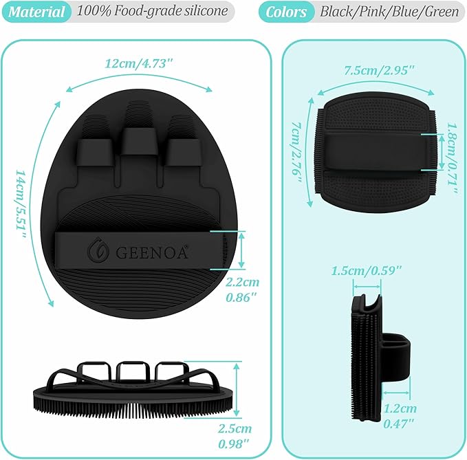 Silicone Bath Glove & Face Scrubber Set 2PCS, 360° Anti-Slip & Hand-fit Body Scrubber for Rich Foaming Deep Cleaning, Unique Facial Scrubber with Side-bristles for Contoured Areas.(Black)