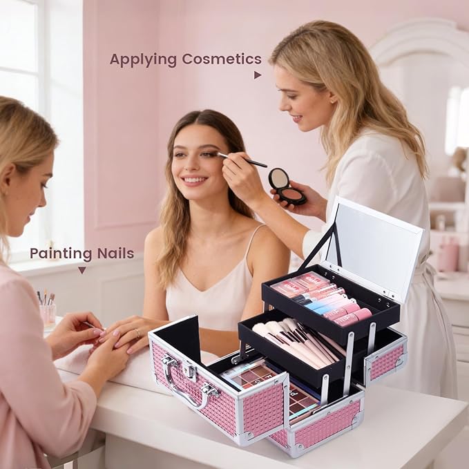 FRENESSA Makeup Train Case Makeup Box Organizer Portable Cosmetic Travel Case Makeup Case with Mirror Locking Make Up Cases Organizers and Storage for Nail Supplies Hard Cosmetic Box Shiny Pink