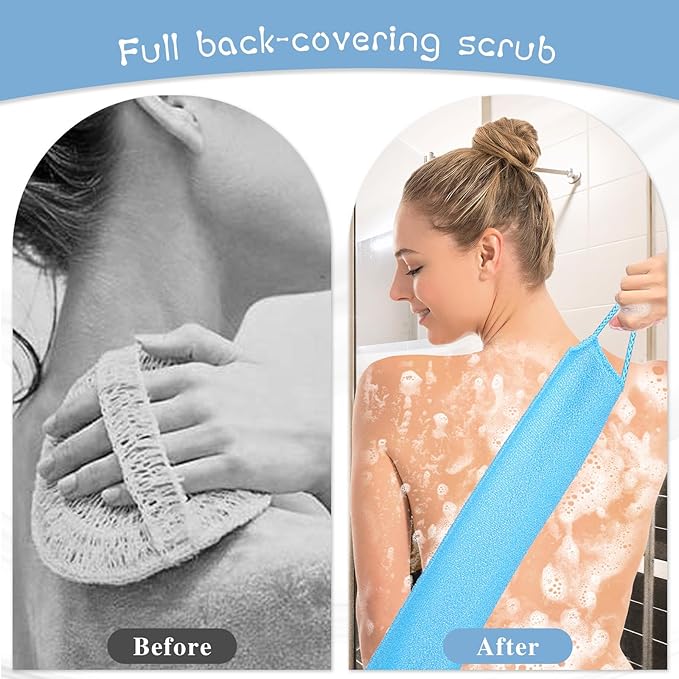 4pcs Exfoliating Back Washers Scrub with Handles Japanese Body Scrubber Cloth Towel for Shower Nylon Back Exfoliator Extended Backs Washers Stretchable Body Bath Pull Strap for Cleans Skin Massages