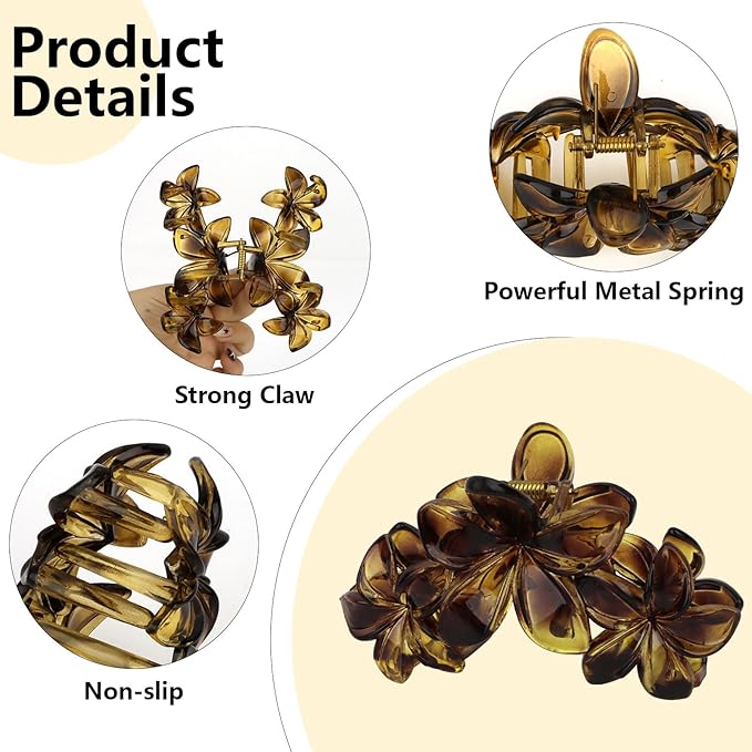 Flower Hair Clips, Tortoiseshell Brown Clear Black, Plastic, 4.5 inch, Hair Accessories Set