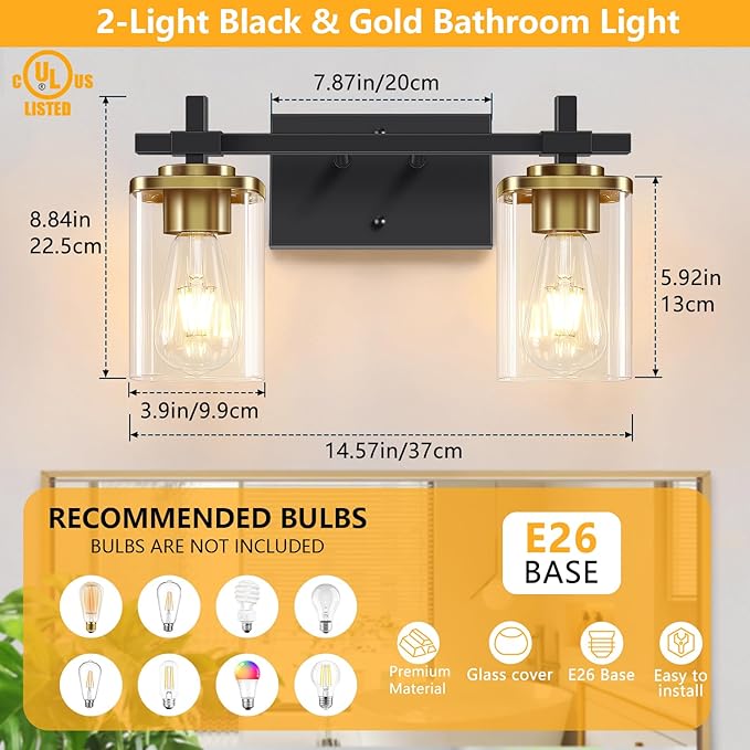 2-Lights Black and Gold Bathroom Light Over Mirror with Square Glass Shade and Metal Base, Gold Wall Vanity Lights for Bedroom, Stairs, Living Room, Hallway