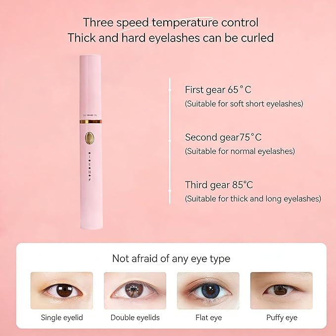 3 Interchangeable Brush Heads Rechargeable Heated Eyelash Curler 24-Hour Lasting curl 5-Second Rapid Heating 3 Temperature Settings Safety Anti-Scald Design (White)