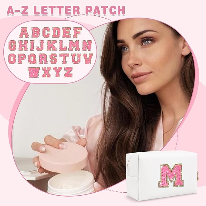 Small Personalized Initial A-Z Patch Makeup Bag,White Cute PU Leather Glitter Letter Cosmetic Bag for Teen Girls,Travel Toiletry Bag with Zipper,Preppy Monogrammed Birthday Gift for Daughter Niece M