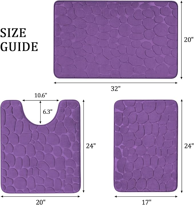 YIHOUSE Bathroom Rugs Mat Set 3 Piece Purple, Memory Foam Bath Mats Sets, Non Slip Water Absorbent Washable Bath Rugs for Sink, Toilet and Floor