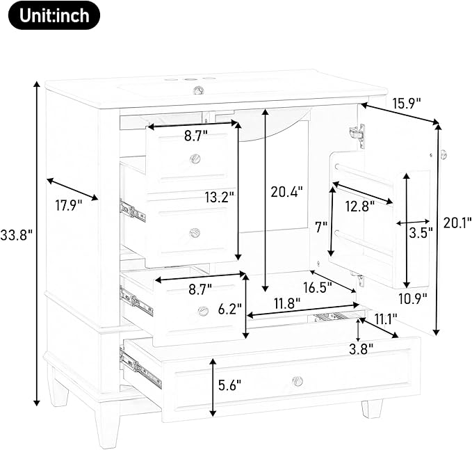 30" Bathroom Vanity with Sink, Harper & Bright Designs Free Standing Single Vanity Set with 3 Drawers and One Door with Storage Racks, Solid Wood Storage Cabinet with Ceramic Basin for Bathroom, White