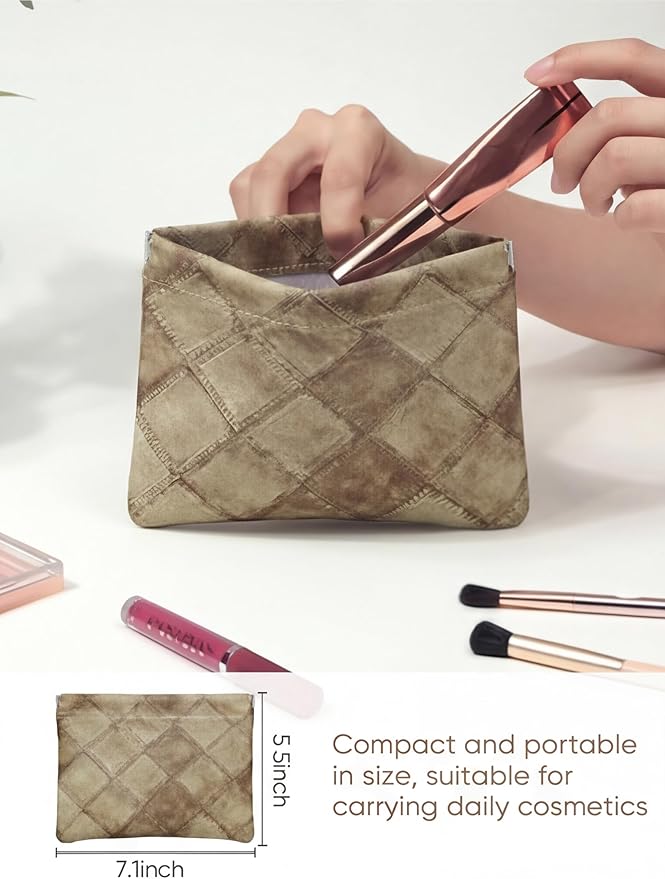 Denim Brown PU Leather Makeup Pouch Set for Women Small Checkered Make Up Bag for Purse Waterproof Initial Makeup Cosmetic Bags Pouches for Purse Aesthetic Travel Toiletry Bag,