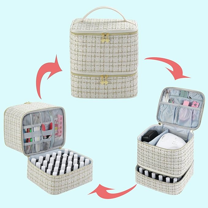CTWWFS Nail Polish Organizer and Nail Lamp Case, Nail Kit Organizer Holds 30 Bottles (15ml - 0.5 fl.oz) and a Nail Lamp, Nail Polish Carrying Case with Manicure Tools Storage Sections (A-White)