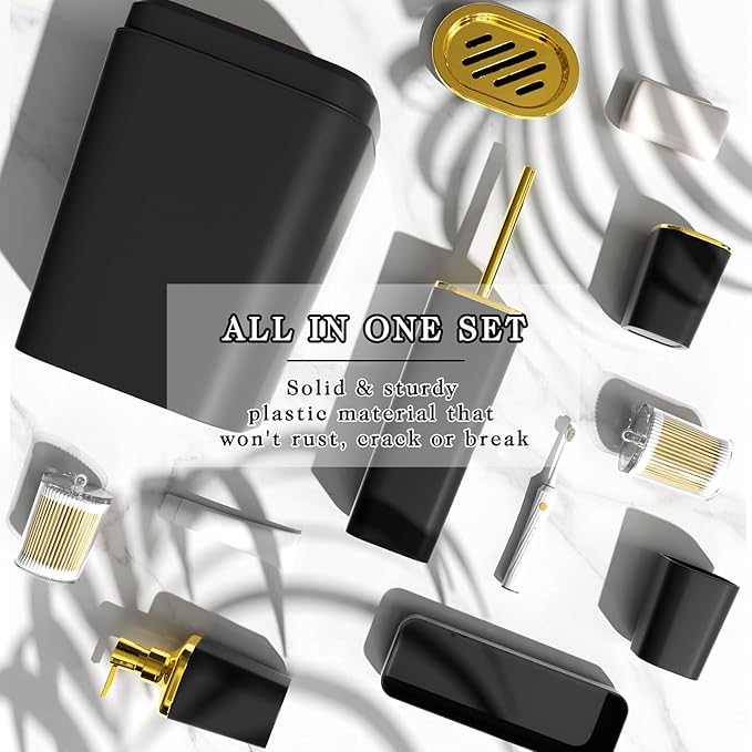 Bathroom Accessories Set - Luxury Black Bathroom Set, 9 Pieces Bathroom Accessory Set, Black Bathroom Accessories with Trash Can, Toilet Brush & Soap Dispenser