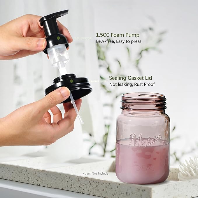 Amolliar Mason Jar Foaming Soap Dispenser Lids, Plastic Foam Pump Lids for Regular Mouth, Foaming Replacement Pump Set, Farmhouse Kitchen BathroomShower, Includes Waterproof Stickers - 2 Pack, Black