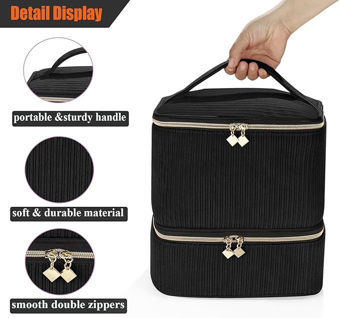 Corduroy Nail Polish Organizer and Nail Lamp Case, Nail Kit Organizer Holds 30 Bottles (15ml - 0.5 fl.oz) and a Nail Lamp, Nail Polish Carrying Case with Manicure Tools Storage Sections (Black)