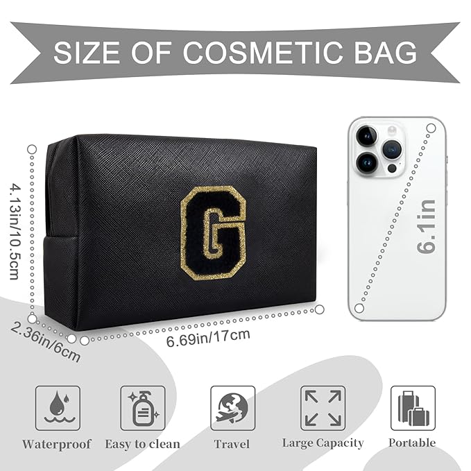 Personalized Initial A-Z Preppy Patch Makeup Bag,Small PU Chenille Letter Cosmetic Bag with Zipper for Teen Girls,Black Cute Toiletry Organizer Bag,Monogram Makeup Case Gift for Women Girls,Letter G