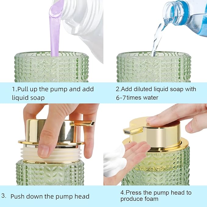 Foaming Soap Dispenser, 10 Oz Glass Foam Hand Soap Dispenser with Gold Pump, Refillable Bathroom Lotion Container Pump Bottle with Vintage Pattern, Green
