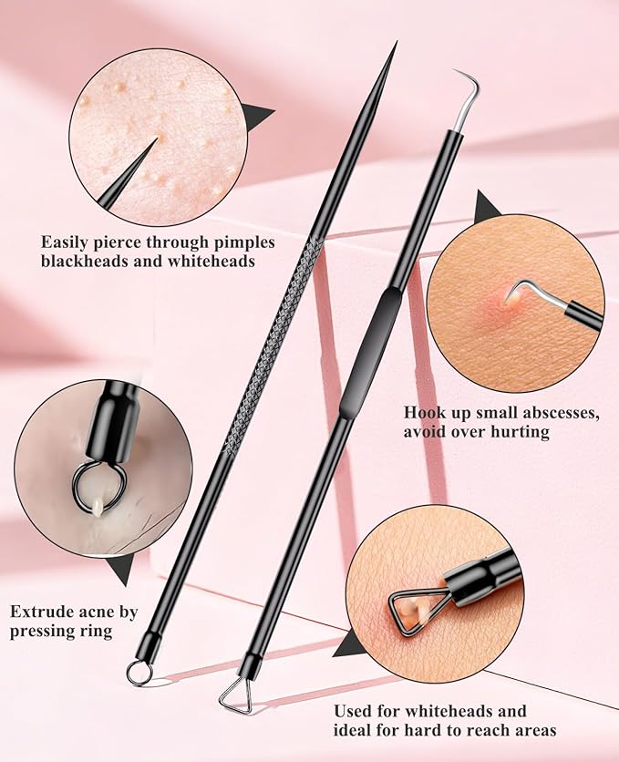 5PCS Blackhead Remover Pimple Popper Tool Kit, Professional Stainless Pimple Acne Blemish Removal Tools Kit for Face (Black)