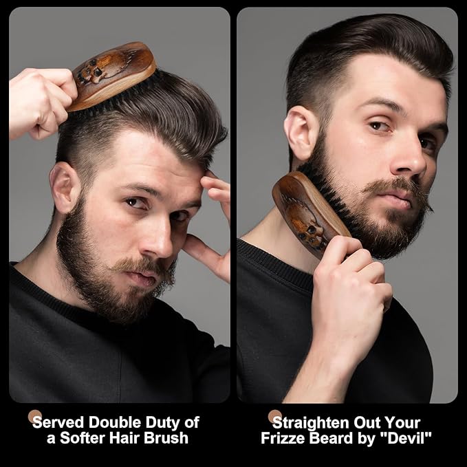 Eagle Fortress Boar Bristle Hair Brush for Men Hair Care - Beard Brush, Mustache Brush with Skull on Wooden Handle, Grooming & Styling Tool for Men, Standard Size