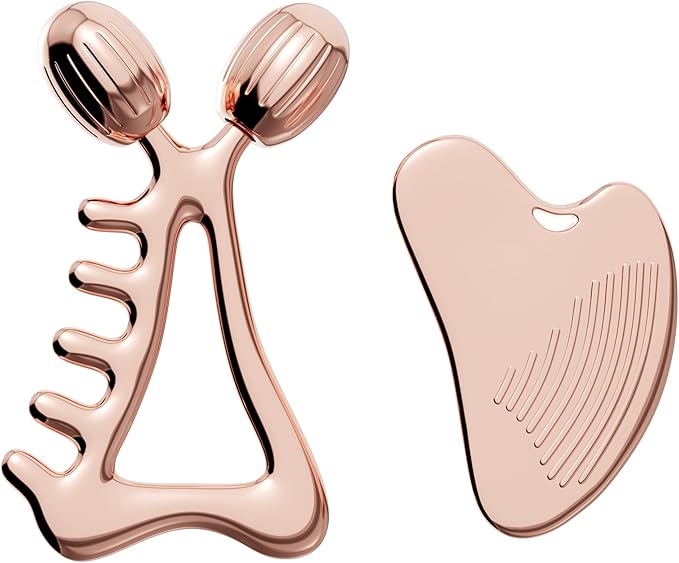 Gua Sha Facial Tools & Face Roller Set, Stainless Steel Facial Massager Tools for Lymphatic Drainage & Face Sculpting, Textured Guasha for Better Grip, Double Chin Reducer, Skincare Gift(RoseGold)