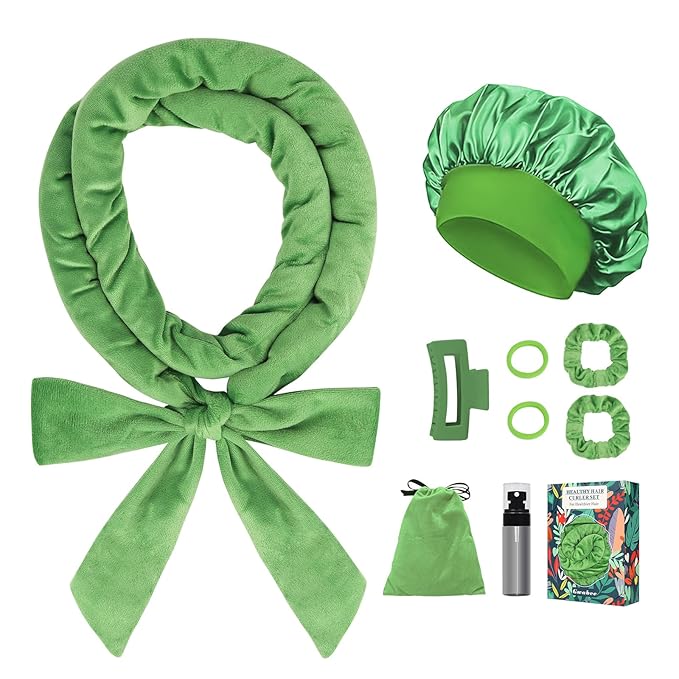 Heatless Curls Overnight Hair Curlers to Sleep In, 9 PCS Velvet Heatless Hair Curler Overnight Curls for Women Long medium Hair Volumes, Heatless Curling Waves Set with Sleep Bonnet - Green