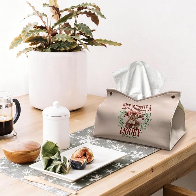 Christmas Highland Cows Tissue Box Cover Rectangle, Winter Bows PU Tissue Holders Decorative for Farmhouse Kitchen, Holiday Lodge Christmas Decor Highland Cow Gifts for Women Girls 9.8x5.9x5.9