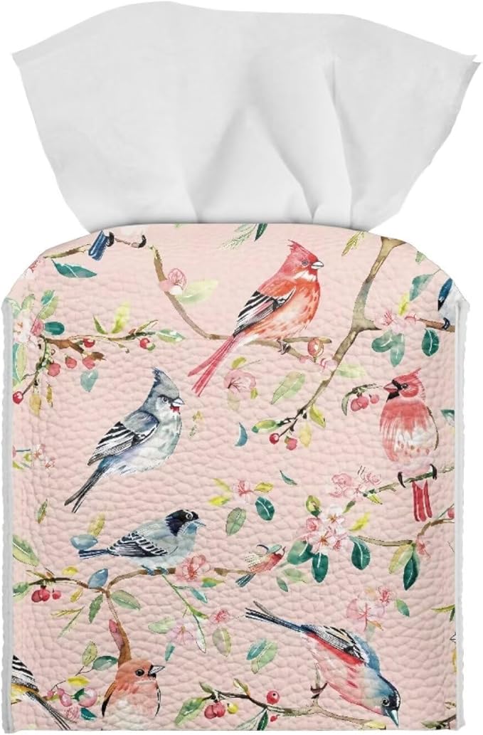 Bird Flowers Tissue Box Holder, PU Leather Square Napkin Cover with Metal Button, Waterproof Tissue Organizer for Nightstand, Dining Table, Office Desk, and Car Interior