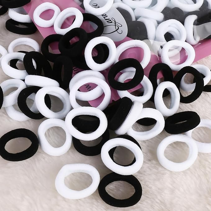 Small Girls Hair Ties, Baby Toddler Hair Bands, Cotton Kids Hair Ponytail Holders No Damage and Mini Baby Elastic Holders No Crease, Black and White, by NSpring