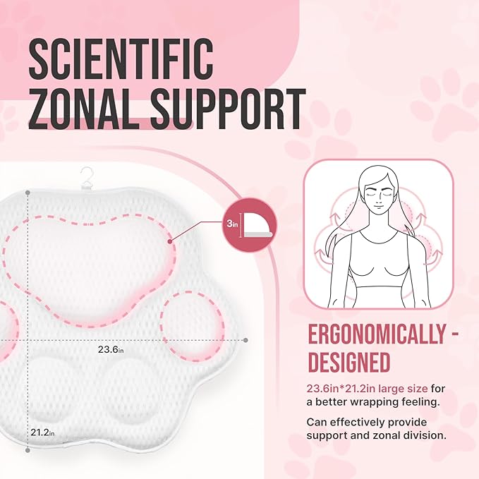 Cute Cat Paw Bath Pillow | Ergonomic Spa Cushion with Non-Slip Design | Quick-Drying, Supports Head, Neck & Back | Unique Gift for Women