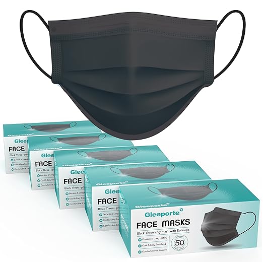 [Pack Of 250] Black Disposable Face Mask, 3-Ply Adult Masks, Facial Cover with Elastic Earloops For Home, Office, School, and Outdoors