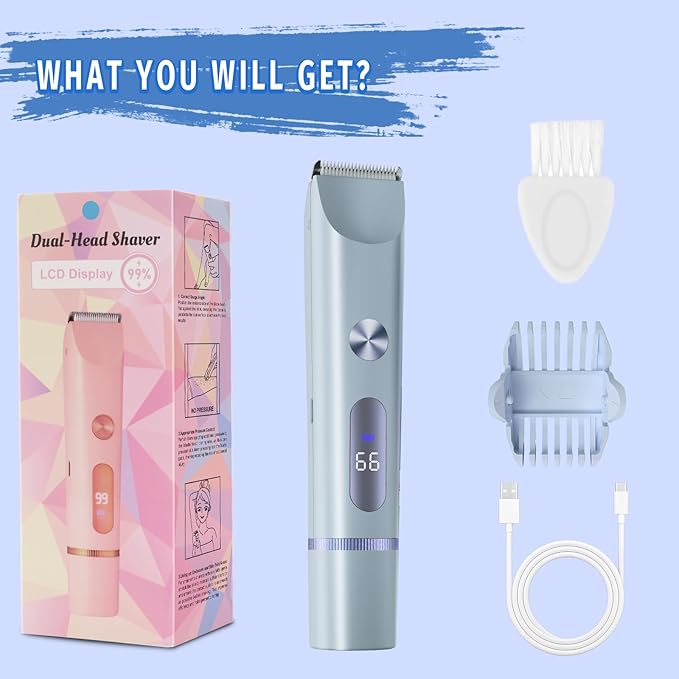 Bikini Trimmer for Women, 2 in 1 Electric Shaver for Women, Rechargeable Electric Razor Body Hair Trimmer Wet & Dry Use, Blue