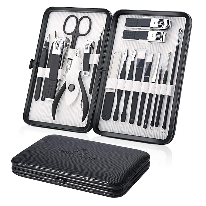 Professional Stainless Steel Nail Clipper Travel & Grooming Kit Nail Tools Manicure & Pedicure Set of 18pcs with Luxurious Case (Black/White)