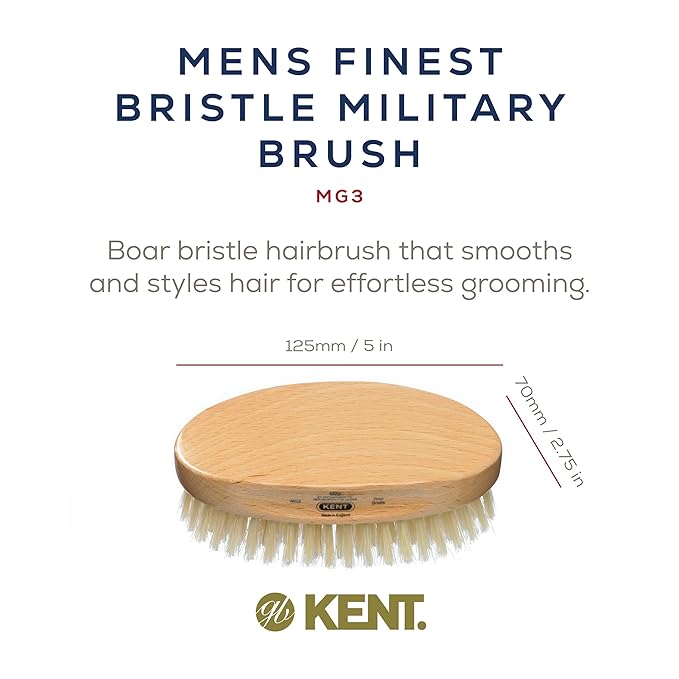 Kent MG3 Finest Men's Hair & Beard Brush for Skin Care - 100% Natural White Boar Bristle for Mens Grooming, Scalp Brush, 360 Wave, Beard and Mustache Straightener For Men's Hair Care