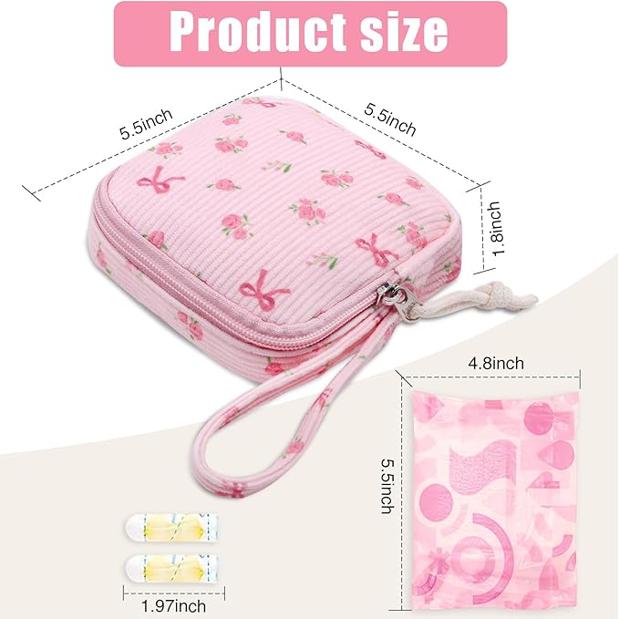 Small Makeup Bag | Discreet Period Bag Pad Pouch for Purse| Sanitary Napkin Storage & Tampon Holder for Travel(Flower bow pink)