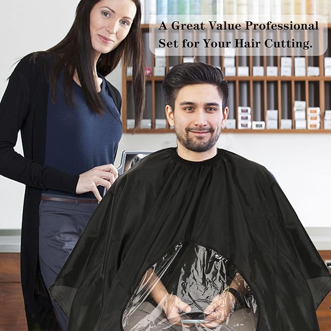 FEBSNOW Professional Black Barber Cape with Neck Duster Brush Large Hair Cutting Cape with See-Through Window Water-Repellent Salon Cape with Adjustable Elastic Neckline 55 Inch x 66 Inch