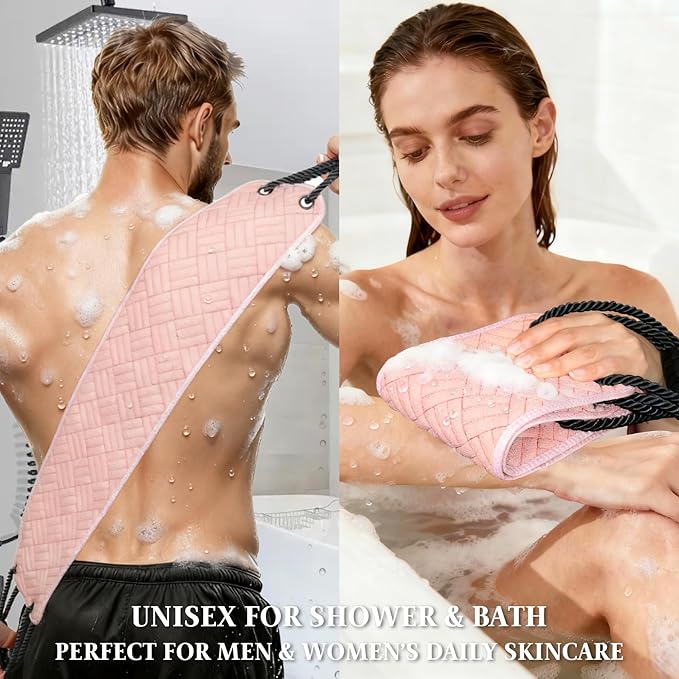 Back Scrubber with Upgraded Handles - 39 Inch Double-Sided Body Exfoliator for Shower/Bath, Deep Cleansing Back Washer for Hard-to-Reach Areas, Unisex (Men & Women) (Pink)