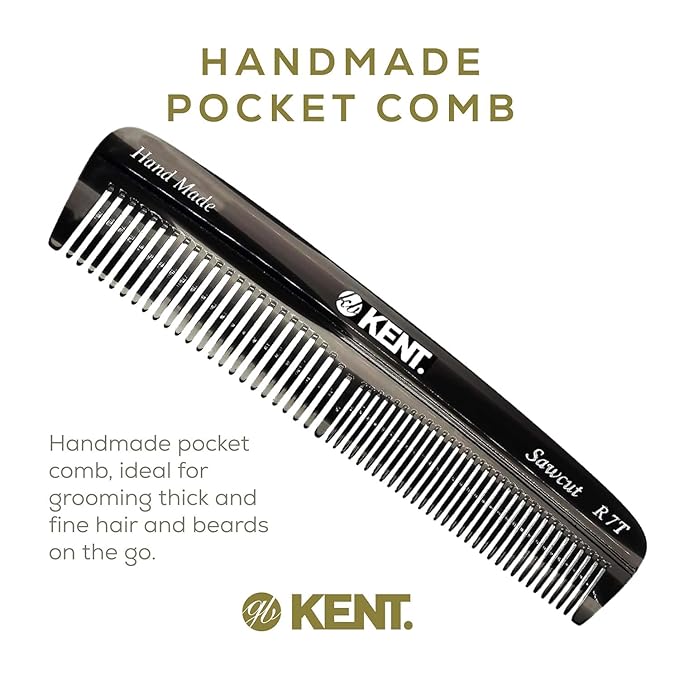 Kent R7T Black Graphite Double Tooth Hair Pocket Comb, Small Fine/Wide Tooth Comb For Grooming Styling Hair, Beard and Mustache, for Men, Women and Kids. Saw Cut and Hand Polished. Handmade in England