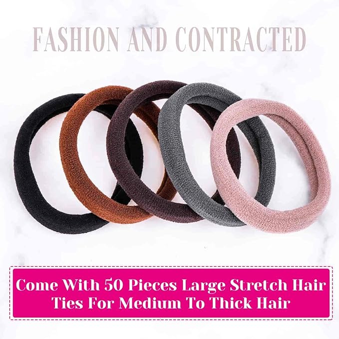 Anezus 50 Pcs Thick Black Hair Ties Large Hair Elastics Bulk Hair Ties Stretch Hair Bands Ponytail Holders for Thick Heavy and Curly Hair, Neutral Colors