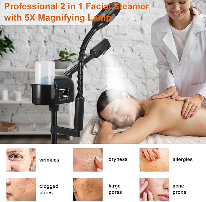 Professional Facial Steamer with 5X Magnifying Lamp, 2 in 1 Facial Steamer Upgrade PTC Heating, Esthetician Steamer Black Face Steamer for Salon Spa Beauty Skin Care (Black)