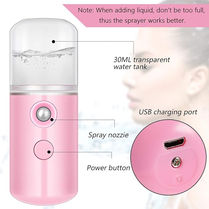 Mudder 8 Pieces Nano Facial Mister Face Sprayer Portable Handheld Humidifier Atomization USB Rechargeable 30 ml Face Steamer for Skin Care Eyelash Extensions Daily Makeup