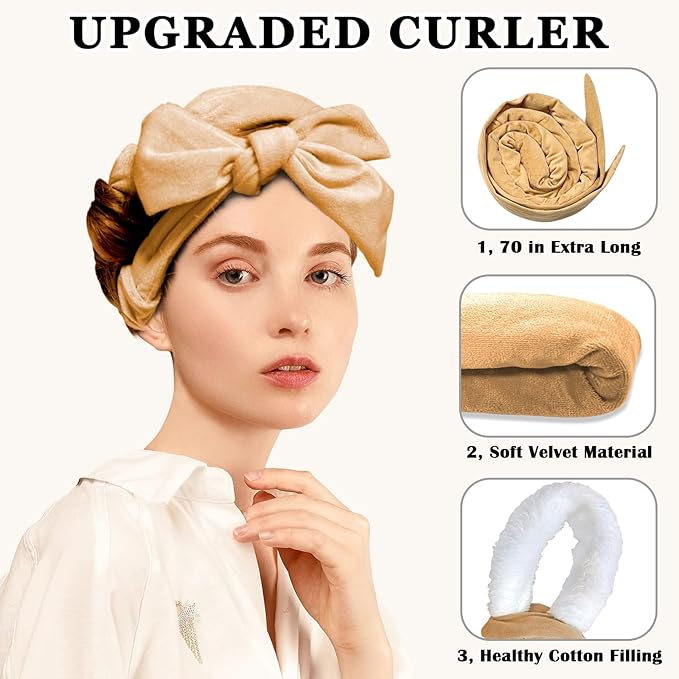 70" Soft Hair Curlers for Overnight Curls - No Heat Curl Wrap with 9 Rods for Long Hair, Khaki