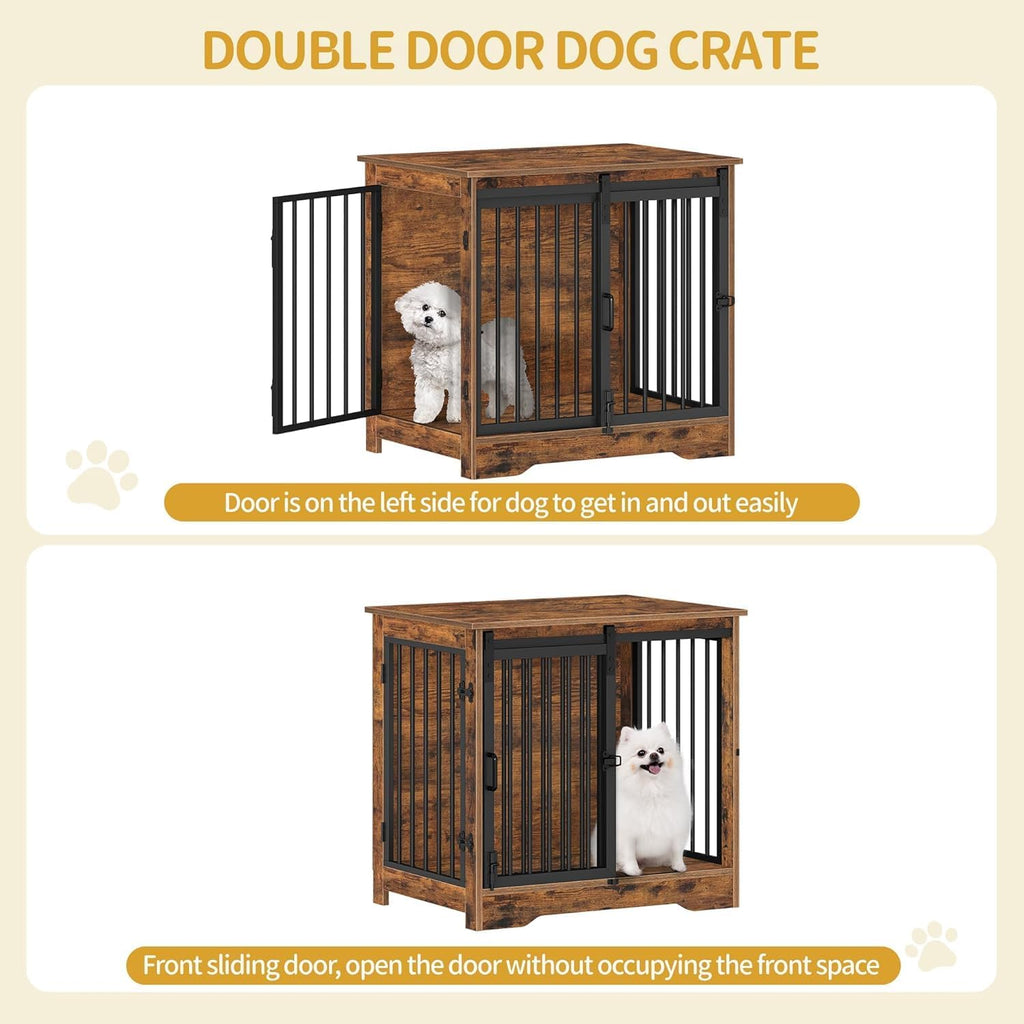 27.2" Dog Crate Furniture with Barn Door, Heavy Duty Dog Kennel Indoor with 2 Doors, Wooden Pet Cage End Table for Small Medium Dogs up to 22 lb, Anti-Chew Anti-Escape, Rustic Brown DFC84301B