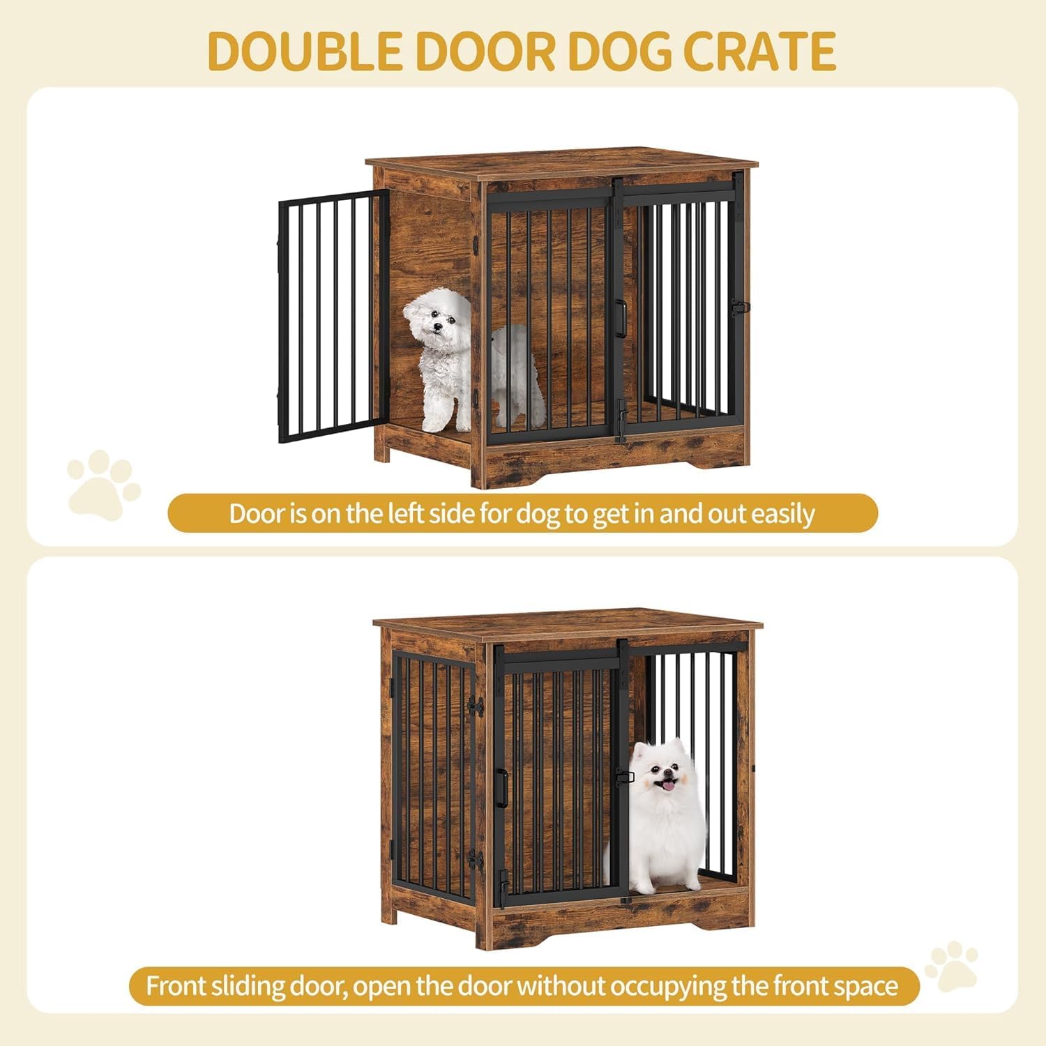 27.2" Dog Crate Furniture with Barn Door, Heavy Duty Dog Kennel Indoor with 2 Doors, Wooden Pet Cage End Table for Small Medium Dogs up to 22 lb, Anti-Chew Anti-Escape, Rustic Brown DFC84301B