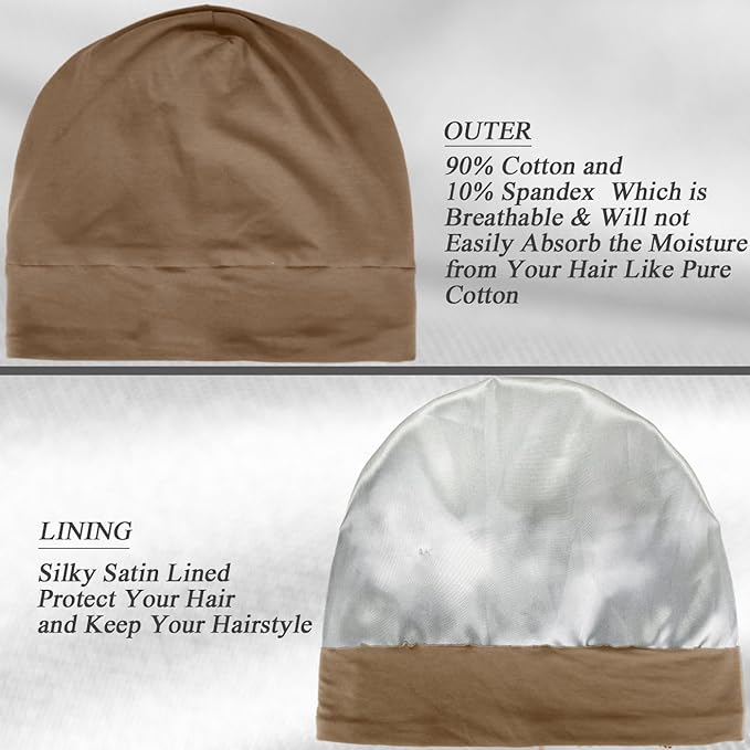 4 Pieces Satin Lined Sleep Bonnet - Adjustable Sleeping Cap Slouchy Beanie Hat for Curly Hair