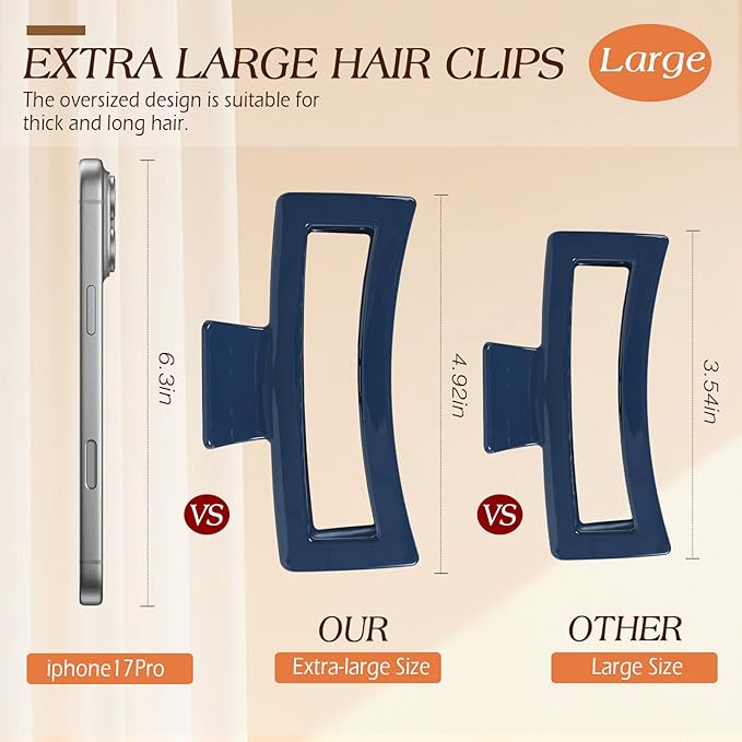 4 PCS 5 Inch Extra Large Claw Clips for Women, Jumbo Claw clips for Thick Long Curly Hair, Rectangle Matte Hair Claws Clips, Non-slip Square Hair Clips for Women