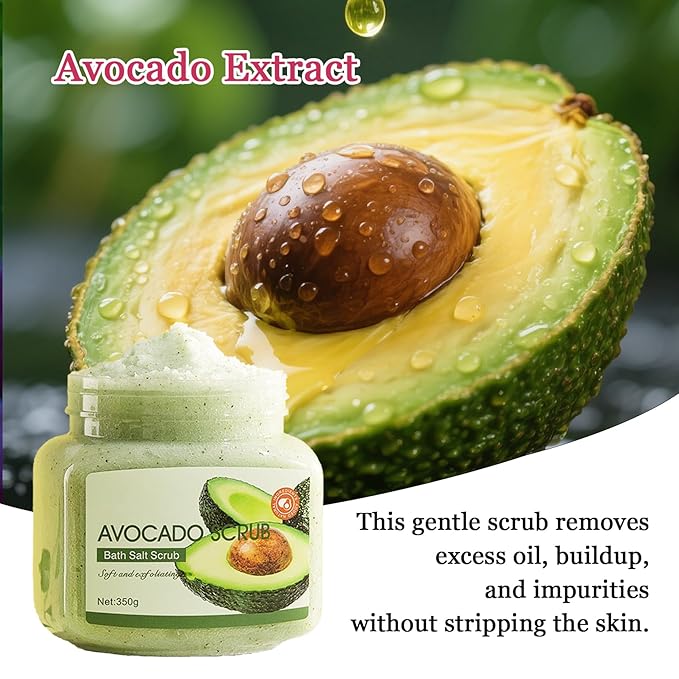 Avocado Body Exfoliator, Deep Cleaning Exfoliating Body Scrub, Moisturizing Nourishing Salt Rose Body Scrub, 350 g