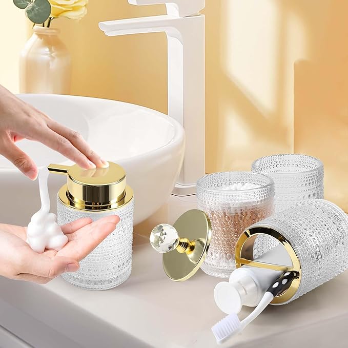 DASITON Bathroom Accessories Set,4Pcs Glass Bathroom Counter Set with Foaming Soap Dispenser,Toothbrush Holder,Bathroom Tumbler,Cotton Swab Jars, for Vanity Bathroom Decor(Clear A)