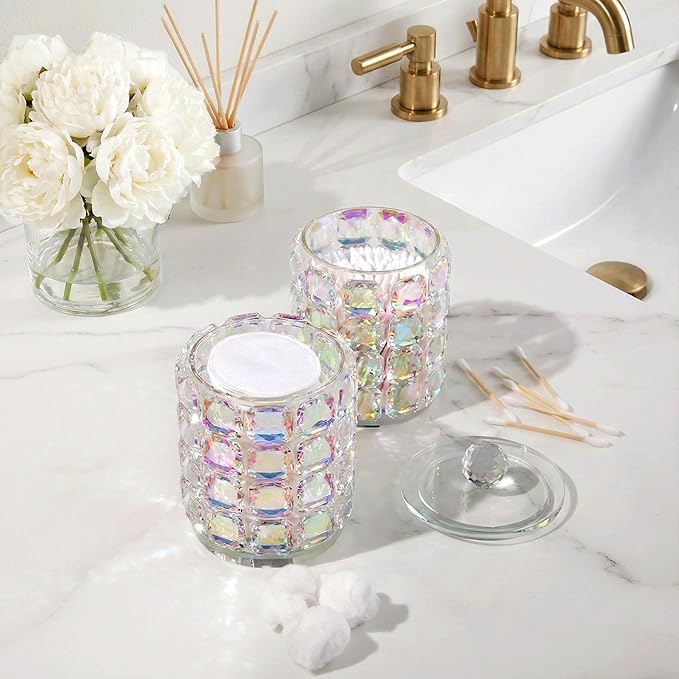 Bathroom Organizers and Storage, Crystal Qtip Holder, Makeup Brush Organizer, Bling Vanity Storage, Bathroom Essentials Accessories Decor for Cotton Balls, Swabs, Floss Picks, Hair Ties.Brushes